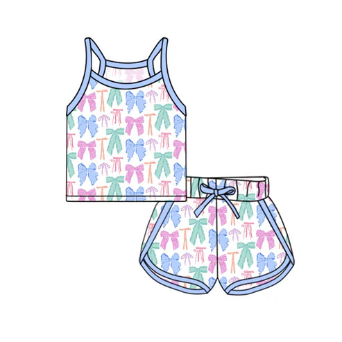 GSSO2338 Baby Girls Blue Strap Colorful Bows Plaid Top Short Sport Set Preorder