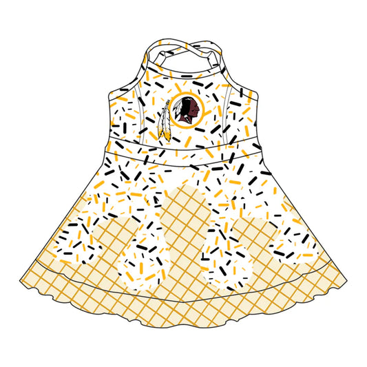 7.8 Custom Moq 3 Baby Girls Straps REDSKINS Plaid Short Ruffle Team Knee Length Dresses