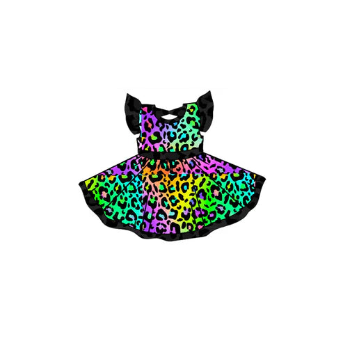 3.19 GSD2183 Baby Girls Black Flutter Sleeves Colorful Leopard Ruffle Dresses preorder