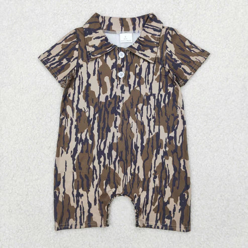 4.2  SR2976 Baby Infant Boys Short Sleeves Olive Bottomland Camo Button Romper