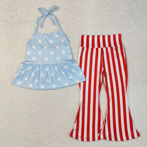 3.14 GSPO1974 Baby Girls 4th Of July Stars Halter Tunic Bell Pants Clothes Set