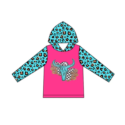 6.11 GT0776 Baby Girls Western Cow Hearts Leopard Long Sleeve Hooded Tops Preorder