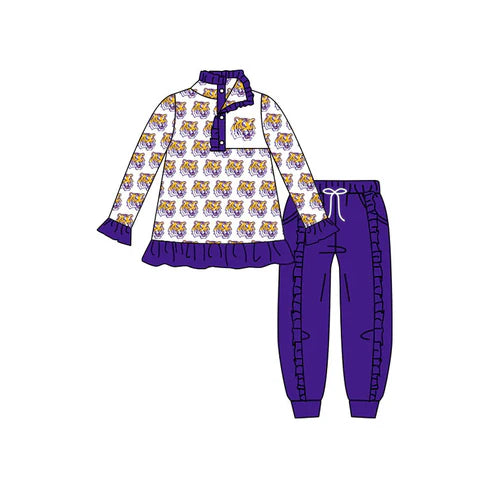 8.1 Custom Moq 5 Baby Girls White LSU Tigers Team Long Sleeve Top Ruffle Pants Clothes Sets