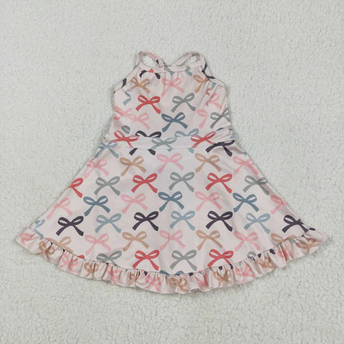 5.15  GSD2296 Baby Girls Peach Strap Colorful Bows Yoga Ruffle Knee Length Dress