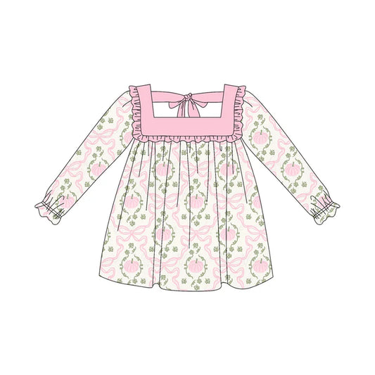 6.12  GLD1083 Baby Girls Long Ruffle Sleeves Pink Pumpkins Bows Plaid Knee Length Dresses Preorder