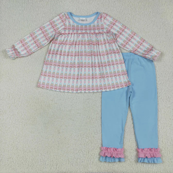 8.15 GLP2456 Baby Girls Long Sleeves Soldier Plaid Top Blue Ruffle Pant Set