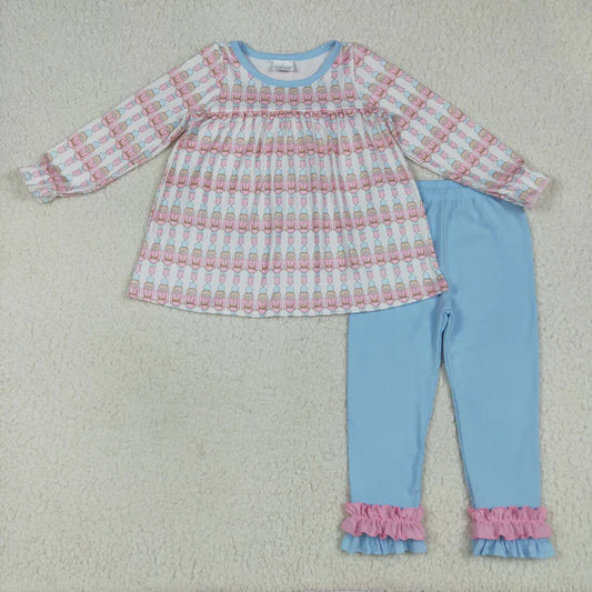 8.15 GLP2456 Baby Girls Long Sleeves Soldier Plaid Top Blue Ruffle Pant Set