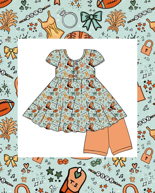 10.30 GSSO2798 Baby Girls Boots Footballs Short Sleeve Button Tunic Shorts Team Clothes Sets Preorder