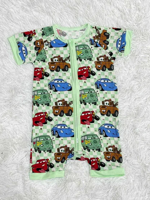 SR2373 Baby Infant Boys Car Racing Green Checkered Zip Rompers preorder