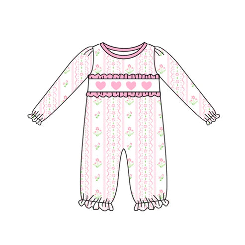 9.29  LR2714 Baby Girls Hearts Flowers Stripe Valentine Ruffle Footie Rompers Preorder