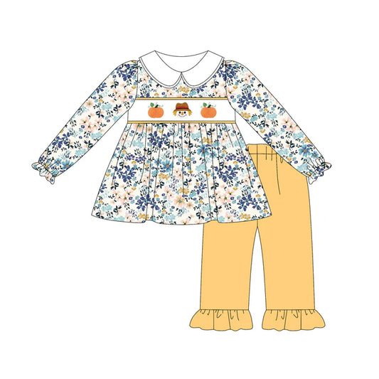 6.14  GLP2387 Baby Girls Long Sleeves Pumpkins Floral Tunic Yellow Ruffle Pant Clothes Set Preorder