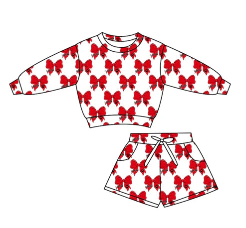 10.29 Custom Moq 8 Baby Girls Red Bows Long Sleeve Top Shorts Team Pocket Clothes Set