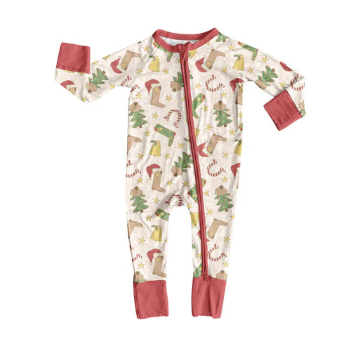 9.4 LR2625 Baby Boys Long Sleeve Boots Trees Christmas Zipper Footie Rompers Preorder