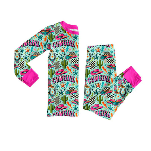 8.27 GLP2745 Baby Girls Hats Cactus Plaid Top Pant Western Pajamas Set Preorder