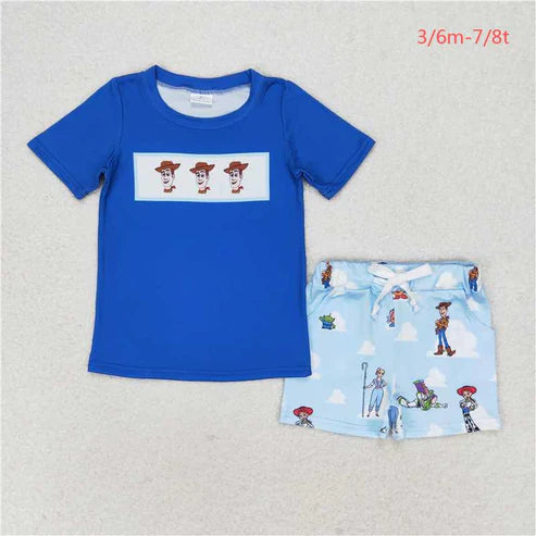 BSSO0892 boys cartoon navy blue short sleeve white cloud shorts set