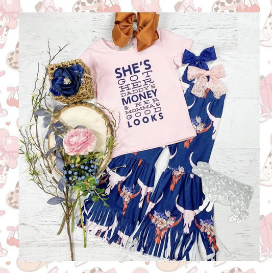 6.11 GSPO1720 Baby Girls Western Pink Top Cow Bell Pants Clothes Sets Preorder