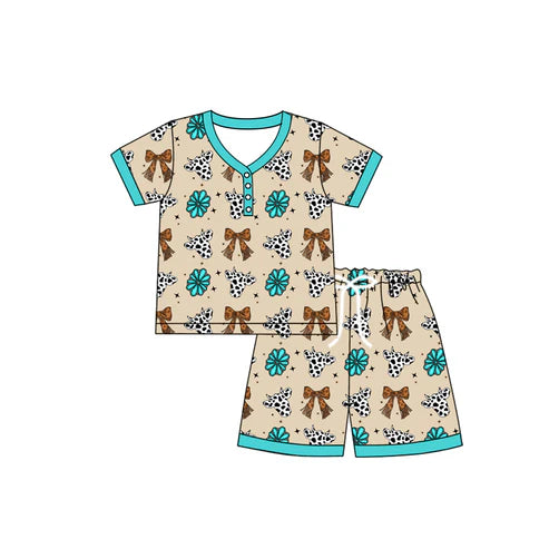6.19 GSSO2618 Adult Women Short Sleeves Bows Cow Print Button Top Short Pajamas Sets Preorder）