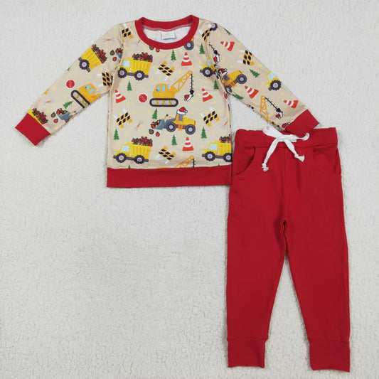 8.2 BLP1073 Baby Boys Red Long Sleeves Excavators Hats Top Pockets Legging Pant Set