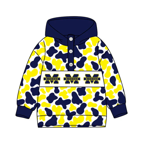10.15 Custom Moq 8 Baby Boys Navy Yellow Camo Michigan Team Button Hoodies Top