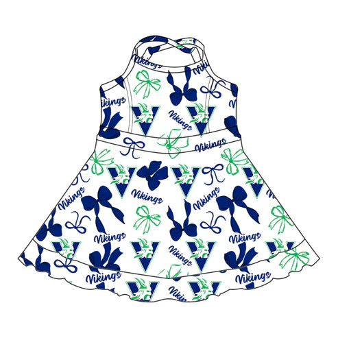 7.31 Custom Moq 5 Baby Girls Blue Green Bows Vikings Short Ruffle Team Knee Length Dresses