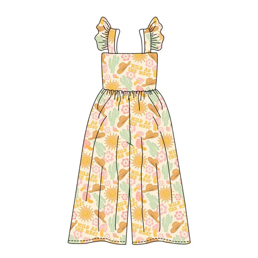 4.18 SR3051 Baby Girls Flutter Sleeves Yellow Cactus Hats Western Bell Jumpsuits Preorder