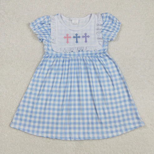 L-3.8 GSD1522 Embroidery Baby Girls Easter Blue Checkered Cross Knee Length Dress