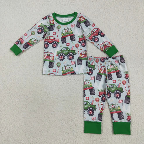 8.12 BLP1087 Baby Boys Green Long Sleeves Truck Trees Flags Top Pant Pajamas Set