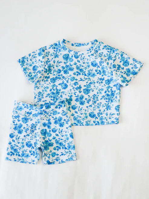 4.1 GSSO2469 Baby Girls Blue Floral Top Short Pajamas Sets Preorder