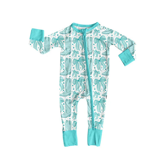 8.26 LR2587 Baby Boys Aqua Bows Boots Plaid Zipper Footie Rompers Preorder