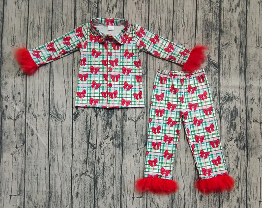 6.16 GLP2372 Baby Girls Red Long Sleeves With Fur Bows Plaid Button Top Pants Pajamas Set Preorder