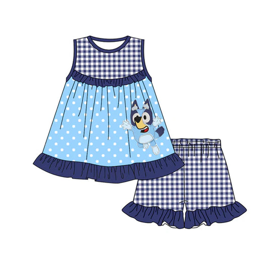 L-3.4 GSSO2124 Baby Girls Blue Dots Dogs Tunic Ruffle Shorts Clothes Sets Preorder
