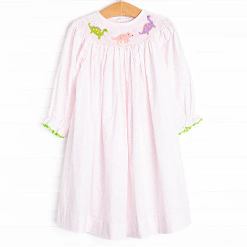 3.25 GLD1023 Baby Girls Pink Long Ruffle Sleeves Smocked Dinosaurs Knee Length Dresses Preorder