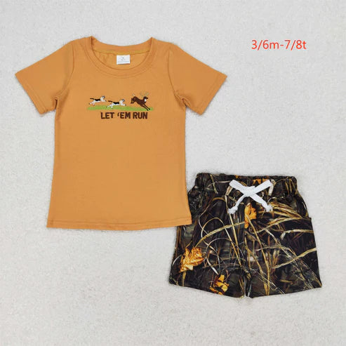 BT0674+ SS0280 Embroidered puppy Moose light brown short-sleeved top Twig leaf camo shorts set