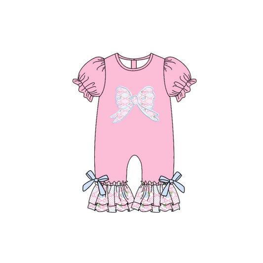 6.14 SR3113 Baby Girls Pink Short Ruffle Sleeves Floral Bows Pant Rompers Preorder