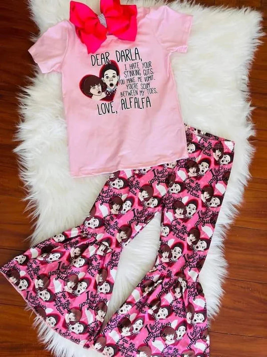 E5-15 Girls cartoon pink short sleeve bell pants suit