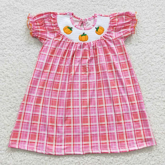 4.7  GSD0423 smocked pumpkin embroidery red plaid short sleeve dress
