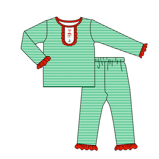 8.2 GLP2660 Baby Girls Green Stripe Santa Holly Top Ruffle Pants Christmas Pajamas Set Preorder