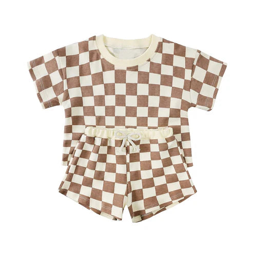 3.22 BSSO1422 Baby Boys Khaki Plaid Short Sleeves Top Short Pajamas Set Preorder