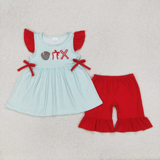 4.8  GSSO2317 Baby Girls Baseball Flutter Sleeve Tunic Ruffle Shorts Clothes Set