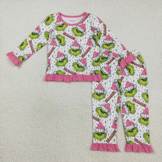 8.26 GLP2645 Baby Girls Long Ruffle Sleeves Green Face Plaid Top Pant Pajamas Set