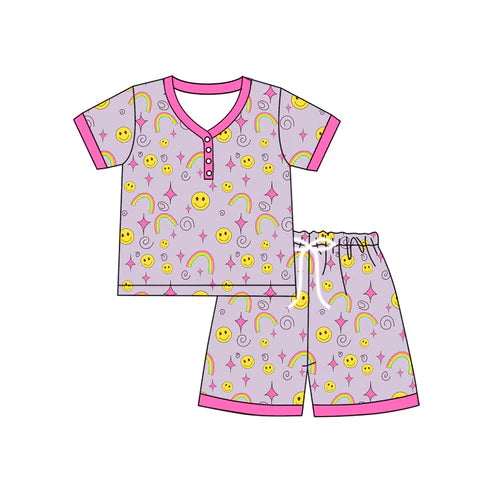 6.19 GSSO2611 Adult Women Short Sleeves Button Smiles Rainbows Top Short Pajamas Sets Preorder