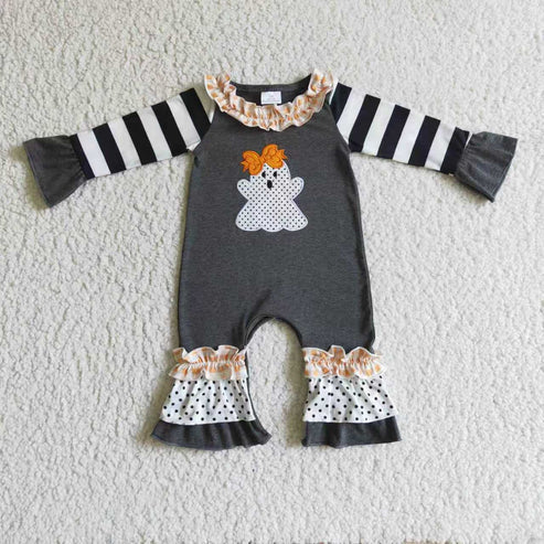 9.20 Sibling Baby Girls Black Stripe Embroidery Ghost Tunic Leggings Pants Halloween Clothes Sets Rompers