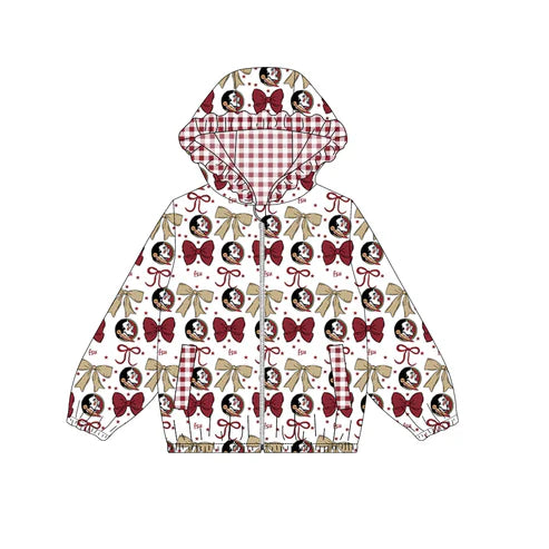 9.6 Custom Moq 5 Baby Girls Wine FSU Bows Zip Ruffle Hooded Cardigan Jackets Tops