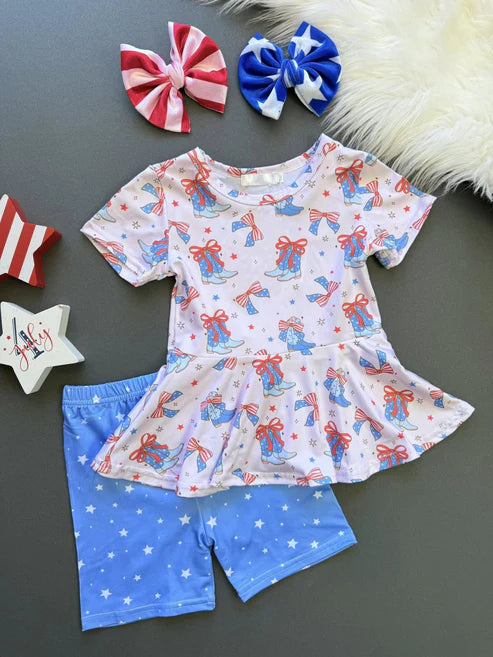 11.5 GSSO2837 Baby Girls Bows Boots Stars Tunic Shorts Western July 4th Clothes Sets Preorder