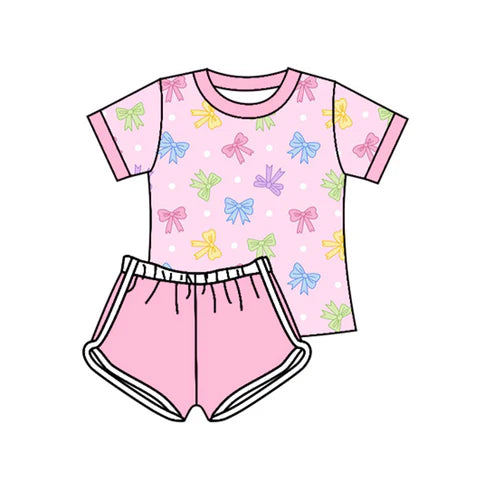 3.25 GSSO2442 Baby Girls Pink Short Sleeves Colorful Bows Top Short Set Preorder