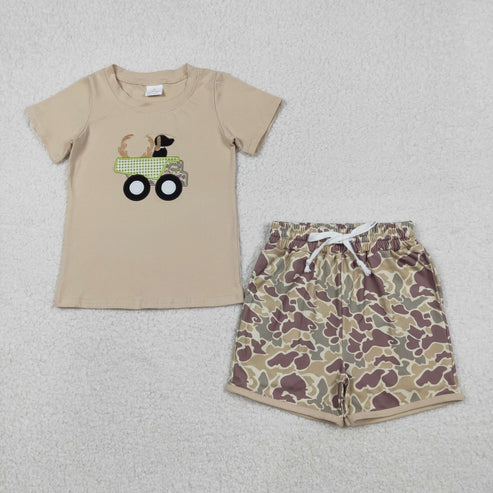 12.8 BSSO1576 Embroidery Embroidery Deer Truck Baby Boys Khaki Top Camo Shorts Hunting Clothes Set