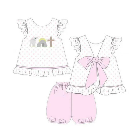 12.12 MOQ：5pcs GSSO3018 pre-order baby girl clothes cross print toddler girl easter summer outfit