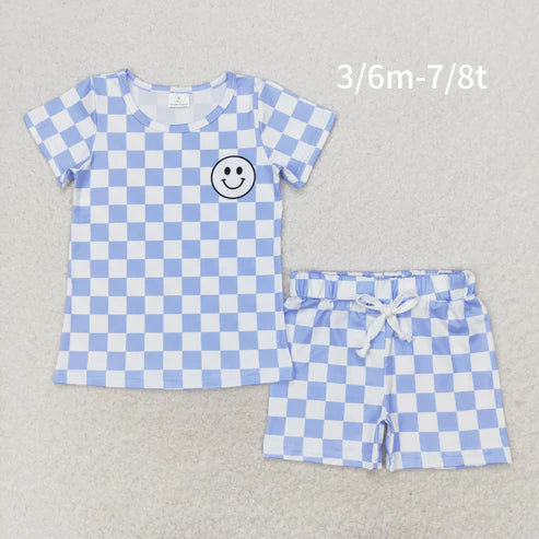 BSSO0974 Boys blue and white plaid short sleeve shorts suit