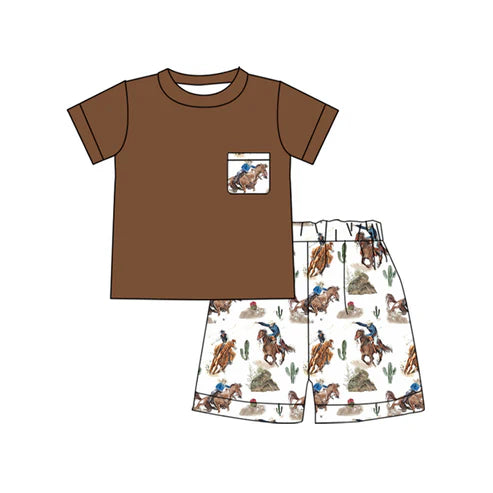 6.19 BSSO1520 Baby Boys Brown Short Sleeves Pockets Top Horse Rodeo Short Set Preorder