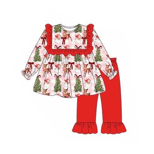 6.6  GLP2419 Baby Girls Red Long Sleeves Santa Trees Plaid Tunic Ruffle Pant Set Preorder